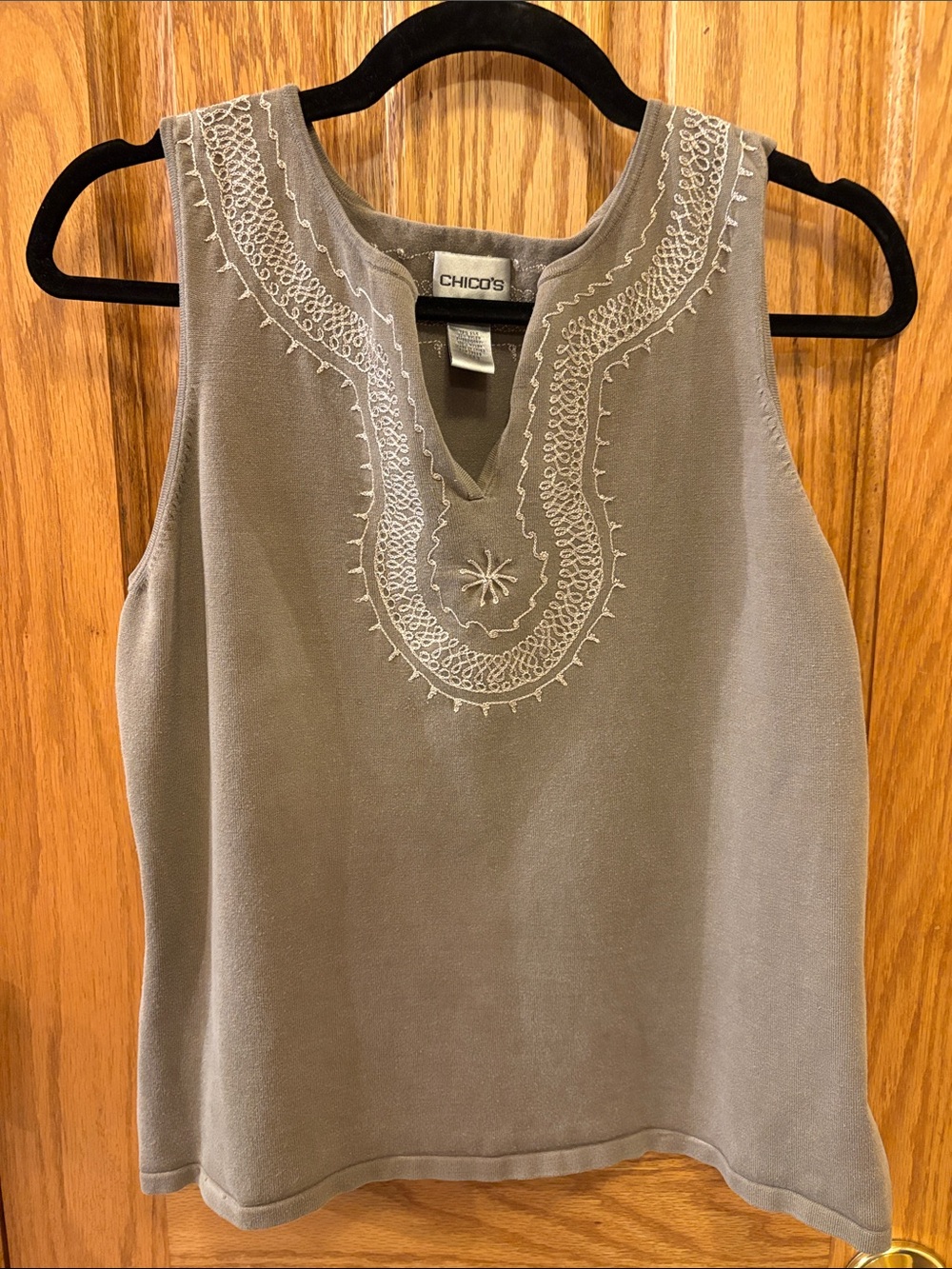 Chico's Silk Blend Taupe Embroidered Sleeveless Tank Top